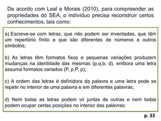 De acordo com Leal e Morais (2010), para compreender as
propriedades do SEA, o indivíduo precisa reconstruir certos
conhecimentos, tais como:
p. 33
a) Escreve-se com letras, que não podem ser inventadas, que têm
um repertório finito e que são diferentes de números e outros
símbolos;
b) As letras têm formatos fixos e pequenas variações produzem
mudanças na identidade das mesmas (p,q,b, d), embora uma letra
assuma formatos variados (P, p,P, p);
c) A ordem das letras é definidora da palavra e uma letra pode se
repetir no interior de uma palavra e em diferentes palavras;
d) Nem todas as letras podem vir juntas de outras e nem todas
podem ocupar certas posições no interior das palavras;
 