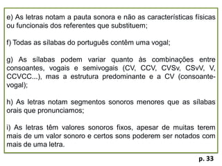 e) As letras notam a pauta sonora e não as características físicas
ou funcionais dos referentes que substituem;
f) Todas as sílabas do português contêm uma vogal;
g) As sílabas podem variar quanto às combinações entre
consoantes, vogais e semivogais (CV, CCV, CVSv, CSvV, V,
CCVCC...), mas a estrutura predominante e a CV (consoante-
vogal);
h) As letras notam segmentos sonoros menores que as sílabas
orais que pronunciamos;
i) As letras têm valores sonoros fixos, apesar de muitas terem
mais de um valor sonoro e certos sons poderem ser notados com
mais de uma letra.
p. 33
 