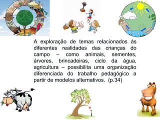 A exploração de temas relacionados às
diferentes realidades das crianças do
campo – como animais, sementes,
árvores, brincadeiras, ciclo da água,
agricultura – possibilita uma organização
diferenciada do trabalho pedagógico a
partir de modelos alternativos. (p.34)
 