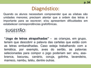 Diagnóstico:
Quando os alunos necessitam compreender que as sílabas são
unidades menores; precisam atentar que a ordem das letras é
importante para se escrever; e/ou apresentem dificuldades em
estabelecer correspondências grafofônicas.
SUGESTÃO:
“Jogo de letras atrapalhadas” - as crianças, em grupo,
teriam que descobrir a palavra das cartelas que estão com
as letras embaralhadas. Caso esteja trabalhando com a
temática, por exemplo, aves do sertão, as palavras
selecionadas para compor o jogo poderiam ser: anu, asa-
branca, bacurau, canário, coruja, golinha, lavandeira,
marreco, nambu, tetéu, dentre outras.
p. 34
 