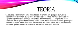 TEORIA
• A educação domiciliar é uma modalidade de ensino em que pais ou tutores
responsáveis assumem o papel de professores dos filhos. Assim, o processo de
aprendizagem dessas crianças é feito fora de uma escola. O projeto de lei
assinado nesta quinta-feira altera a Lei nº 8.069, de 13 de julho de 1990, que dispõe
sobre o Estatuto da Criança e do Adolescente e a Lei nº 9.394, de 20 de dezembro
de 1996, que estabelece as diretrizes e bases da educação nacional.
 