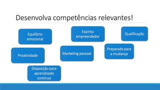 Desenvolva competências relevantes!
Qualificação
Preparado para
a mudança
Disposição para
aprendizado
contínuo
Proatividade Marketing pessoal
Equilíbrio
emocional
Espírito
empreendedor
 