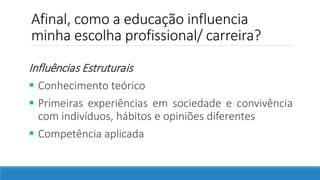 Afinal, como a educação influencia
minha escolha profissional/ carreira?
Influências Estruturais
 Conhecimento teórico
 Primeiras experiências em sociedade e convivência
com indivíduos, hábitos e opiniões diferentes
 Competência aplicada
 