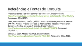 Referências e Fontes de Consulta
“Potencializando a carreira por meio da educação”. Disponível em:
https://www.youtube.com/watch?feature=player_detailpage&v=AfnwUILuXc4.
Acesso em: 08.jul.2015.
LARA, Luciane Dianin; ARAÚJO, Maria Carolina Schober de; LINDNER, Valkíria;
SANTOS, Vanessa Priscilla Leão dos. O Adolescente e a Escolha Profissional:
Compreendendo o processo de decisão. Disponível em:
http://revistas.unipar.br/saude/article/viewFile/1356/1207. Acesso em:
09.jul.2015.
OLIVEIRA, Gean. Modelo 70:20:10. Disponível em:
http://www.educorpbrasil.com/modelo-70-20-10/. Acesso em: 09.jul.2015.
 