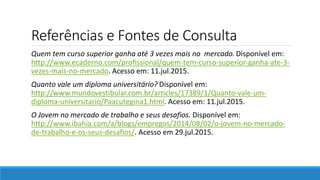 Referências e Fontes de Consulta
Quem tem curso superior ganha até 3 vezes mais no mercado. Disponível em:
http://www.ecaderno.com/profissional/quem-tem-curso-superior-ganha-ate-3-
vezes-mais-no-mercado. Acesso em: 11.jul.2015.
Quanto vale um diploma universitário? Disponível em:
http://www.mundovestibular.com.br/articles/17389/1/Quanto-vale-um-
diploma-universitario/Paacutegina1.html. Acesso em: 11.jul.2015.
O Jovem no mercado de trabalho e seus desafios. Disponível em:
http://www.ibahia.com/a/blogs/empregos/2014/08/02/o-jovem-no-mercado-
de-trabalho-e-os-seus-desafios/. Acesso em 29.jul.2015.
 