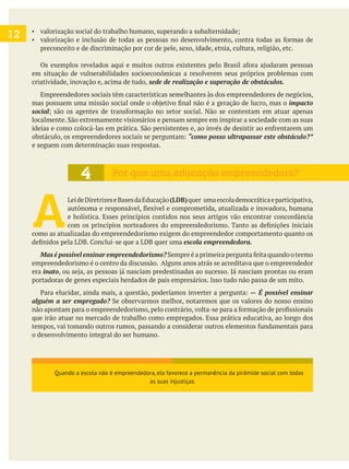 12
preconceito e de discriminação por cor de pele, sexo, idade, etnia, cultura, religião, etc.
em situação de vulnerabilidades socioeconômicas a resolverem seus próprios problemas com
criatividade, inovação e, acima de tudo, sede de realização e superação de obstáculos.
Empreendedores sociais têm características semelhantes às dos empreendedores de negócios,
impacto
social
“como posso ultrapassar este obstáculo?”
e seguem com determinação suas respostas.
A
LeideDiretrizeseBasesdaEducação(LDB)quer umaescolademocráticaeparticipativa,
e holística. Esses princípios contidos nos seus artigos vão encontrar concordância
como as atualizadas do empreendedorismo exigem do empreendedor comportamento quanto os
escola empreendedora.
empreendedorismo é o centro da discussão. Alguns anos atrás se acreditava que o empreendedor
era inato
portadoras de genes especiais herdados de pais empresários. Isso tudo não passa de um mito.
—
que irão atuar no mercado de trabalho como empregados. Essa prática educativa, ao longo dos
o desenvolvimento integral do ser humano.
4 Por que uma educação empreendedora?
Quando a escola não é empreendedora, ela favorece a permanência da pirâmide social com todas
as suas injustiças.
 