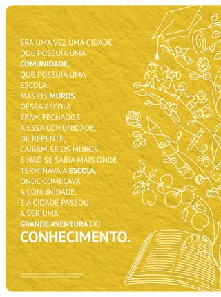 ERA UMA VEZ UMA CIDADE
QUE POSSUÍA UMA
COMUNIDADE,
QUE POSSUÍA UMA
ESCOLA.
MAS OS MUROS
DESSA ESCOLA
ERAM FECHADOS
A ESSA COMUNIDADE.
DE REPENTE,
CAÍRAM-SE OS MUROS
E NÃO SE SABIA MAIS ONDE
TERMINAVA A ESCOLA,
ONDE COMEÇAVA
A COMUNIDADE.
E A CIDADE PASSOU
A SER UMA
GRANDE AVENTURA DO
CONHECIMENTO.
Texto extraído do DVD "O Direito de Aprender", uma realização da
Associação Cidade Escola Aprendiz, em parceria com a UNICEF.
 