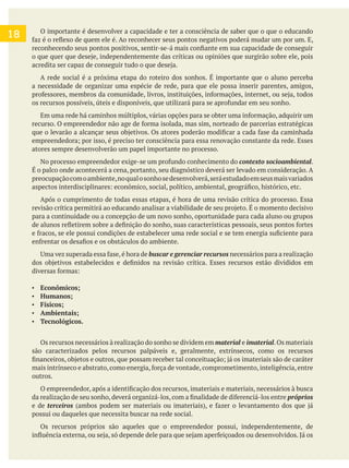 O importante é desenvolver a capacidade e ter a consciência de saber que o que o educando
A rede social é a próxima etapa do roteiro dos sonhos. É importante que o aluno perceba
a necessidade de organizar uma espécie de rede, para que ele possa inserir parentes, amigos,
atores sempre desenvolverão um papel importante no processo.
contexto socioambiental.
É o palco onde acontecerá a cena, portanto, seu diagnóstico deverá ser levado em consideração. A
preocupaçãocomoambiente,noqualosonhosedesenvolverá,seráestudadoemseusmaisvariados
Após o cumprimento de todas essas etapas, é hora de uma revisão crítica do processo. Essa
para a continuidade ou a concepção de um novo sonho, oportunidade para cada aluno ou grupos
necessários para a realização
Econômicos;;
Humanos;;
Físicos;;
Ambientais;;
Tecnológicos.
Os recursos necessários à realização do sonho se dividem em material e imaterial.Os materiais
são caracterizados pelos recursos palpáveis e, geralmente, extrínsecos, como os recursos
outros.
próprios
e de terceiros
possui ou daqueles que necessita buscar na rede social.
Os recursos próprios são aqueles que o empreendedor possui, independentemente, de
18
 