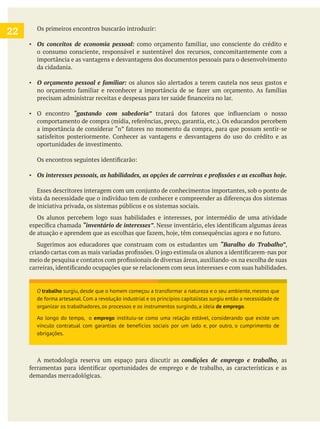 Os conceitos de economia pessoal:
o consumo consciente, responsável e sustentável dos recursos, concomitantemente com a
importância e as vantagens e desvantagens dos documentos pessoais para o desenvolvimento
da cidadania.
os alunos são alertados a terem cautela nos seus gastos e
O encontro
oportunidades de investimento.
de iniciativa privada, os sistemas públicos e os sistemas sociais.
Os alunos percebem logo suas habilidades e interesses, por intermédio de uma atividade
“inventário de interesses”
“Baralho do Trabalho”,
A metodologia reserva um espaço para discutir as , as
demandas mercadológicas.
22
O trabalho surgiu, desde que o homem começou a transformar a natureza e o seu ambiente, mesmo que
de forma artesanal. Com a revolução industrial e os princípios capitalistas surgiu então a necessidade de
organizar os trabalhadores, os processos e os instrumentos surgindo, a ideia de emprego.
Ao longo do tempo, o emprego instituiu-se como uma relação estável, considerando que existe um
vínculo contratual com garantias de benefícios sociais por um lado e, por outro, o cumprimento de
obrigações.
 