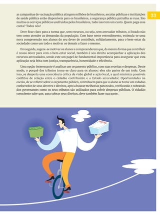 33as campanhas de vacinação pública atingem milhões de brasileiros,escolas públicas e instituições
nova compreensão nos alunos do seu dever de contribuir, solidariamente, para o bem-estar da
é nosso dever para com o bem-estar social, também é seu direito acompanhar a aplicação dos
isso, se desperta uma consciência crítica de visão global e ação local, a qual minimiza possíveis
dos governantes como os seus tributos são utilizados para cobrir despesas públicas. O cidadão
GESTÃO
 