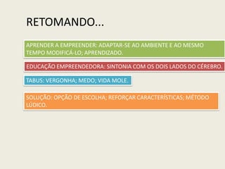 RETOMANDO...APRENDER A EMPREENDER: ADAPTAR-SE AO AMBIENTE E AO MESMO TEMPO MODIFICÁ-LO; APRENDIZADO.EDUCAÇÃO EMPREENDEDORA: SINTONIA COM OS DOIS LADOS DO CÉREBRO.TABUS: VERGONHA; MEDO; VIDA MOLE.SOLUÇÃO: OPÇÃO DE ESCOLHA; REFORÇAR CARACTERÍSTICAS; MÉTODO LÚDICO.