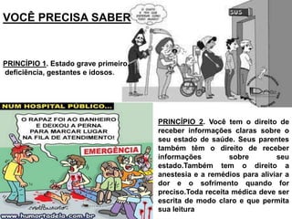 VOCÊ PRECISA SABER

PRINCÍPIO 1. Estado grave primeiro.
deficiência, gestantes e idosos.

PRINCÍPIO 2. Você tem o direito de
receber informações claras sobre o
seu estado de saúde. Seus parentes
também têm o direito de receber
informações
sobre
seu
estado.Também tem o direito a
anestesia e a remédios para aliviar a
dor e o sofrimento quando for
preciso.Toda receita médica deve ser
escrita de modo claro e que permita
sua leitura

 