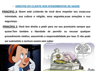

DIREITOS DO CLIENTE NOS ATENDIMENTOS DE SAÚDE

PRINCÍPIO 4: Quem está cuidando de você deve respeitar seu corpo,sua
intimidade, sua cultura e religião, seus segredos,suas emoções e sua
segurança.
PRINCÍPIO 5. Você tem direito a pedir para ver seu prontuário sempre que
quiser.Tem

também

a

liberdade

de

permitir

ou

recusar

qualquer

procedimento médico, assumindo a responsabilidade por isso. E não pode
ser submetido a nenhum exame sem saber

 