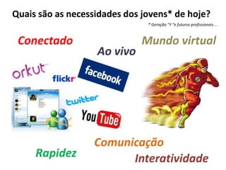 Quais são as necessidades dos jovens* de hoje? 
Rapidez 
Ao vivo 
* Geração “Y “e futuros profissionais ... 
Mundo virtual 
Comunicação 
Conectado 
Interatividade 
 