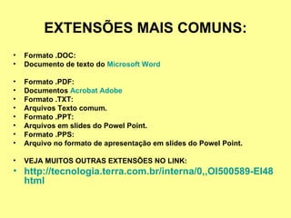 EXTENSÕES MAIS COMUNS: Formato .DOC:  Documento de texto do  Microsoft Word Formato .PDF: Documentos  Acrobat   Adobe Formato .TXT: Arquivos Texto comum. Formato .PPT: Arquivos em slides do Powel Point. Formato .PPS: Arquivo no formato de apresentação em slides do Powel Point. VEJA MUITOS OUTRAS EXTENSÕES NO LINK: http://tecnologia.terra.com.br/interna/0,,OI500589-EI4804,00. html   
