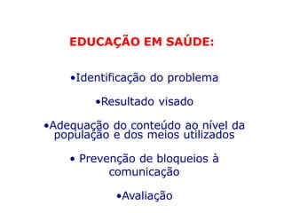 EDUCAÇÃO EM SAÚDE:
•Identificação do problema
•Resultado visado
•Adequação do conteúdo ao nível da
população e dos meios utilizados
• Prevenção de bloqueios à
comunicação
•Avaliação
 
