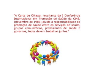 “A Carta de Ottawa, resultante da I Conferência
Internacional em Promoção de Saúde da OMS,
(novembro de 1986),divide a responsabilidade da
promoção de saúde entre os serviços de saúde,
grupos comunitários, profissionais de saúde e
governos; todos devem trabalhar juntos.
”
 
