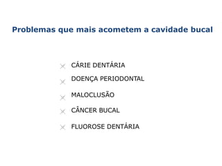 Problemas que mais acometem a cavidade bucal
CÁRIE DENTÁRIA
DOENÇA PERIODONTAL
MALOCLUSÃO
CÂNCER BUCAL
FLUOROSE DENTÁRIA
 