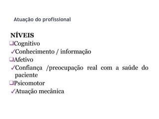 Atuação do profissional
NÍVEIS
❑Cognitivo
✓
Conhecimento / informação
❑Afetivo
✓
Confiança /preocupação real com a saúde do
paciente
❑Psicomotor
✓
Atuação mecânica
 