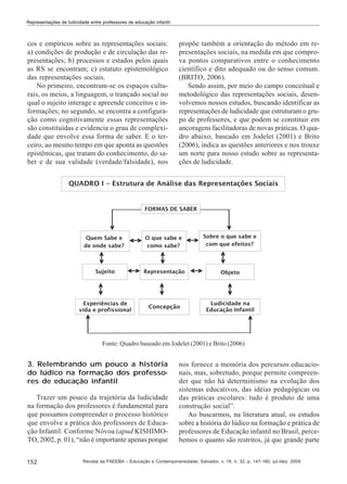 Representações de ludicidade entre professores de educação infantil

cos e empíricos sobre as representações sociais:
a) condições de produção e de circulação das representações; b) processos e estados pelos quais
as RS se encontram; c) estatuto epistemológico
das representações sociais.
No primeiro, encontram-se os espaços culturais, os meios, a linguagem, o trançado social no
qual o sujeito interage e apreende conceitos e informações; no segundo, se encontra a configuração como cognitivamente essas representações
são constituídas e evidencia o grau de complexidade que envolve essa forma de saber. E o terceiro, ao mesmo tempo em que aponta as questões
epistêmicas, que tratam do conhecimento, do saber e de sua validade (verdade/falsidade), nos

propõe também a orientação do método em representações sociais, na medida em que comprova pontos comparativos entre o conhecimento
científico e dito adequado ou do senso comum.
(BRITO, 2006).
Sendo assim, por meio do campo conceitual e
metodológico das representações sociais, desenvolvemos nossos estudos, buscando identificar as
representações de ludicidade que estruturam o grupo de professores, e que podem se constituir em
ancoragens facilitadoras de novas práticas. O quadro abaixo, baseado em Jodelet (2001) e Brito
(2006), indica as questões anteriores e nos trouxe
um norte para nosso estudo sobre as representações de ludicidade.

Fonte: Quadro baseado em Jodelet (2001) e Brito (2006)

3. Relembrando um pouco a história
do lúdico na formação dos professores de educação infantil
Trazer um pouco da trajetória da ludicidade
na formação dos professores é fundamental para
que possamos compreender o processo histórico
que envolve a prática dos professores de Educação Infantil. Conforme Nóvoa (apud KISHIMOTO, 2002, p. 01), “não é importante apenas porque
152

nos fornece a memória dos percursos educacionais, mas, sobretudo, porque permite compreender que não há determinismo na evolução dos
sistemas educativos, das idéias pedagógicas ou
das práticas escolares: tudo é produto de uma
construção social”.
Ao buscarmos, na literatura atual, os estudos
sobre a história do lúdico na formação e prática de
professores de Educação infantil no Brasil, percebemos o quanto são restritos, já que grande parte

Revista da FAEEBA – Educação e Contemporaneidade, Salvador, v. 18, n. 32, p. 147-160, jul./dez. 2009

 