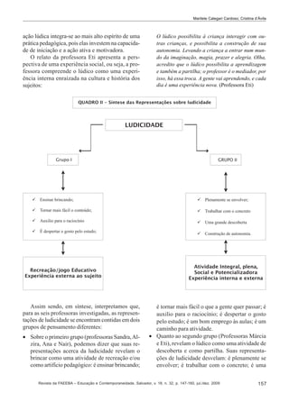 Marilete Calegari Cardoso; Cristina d’Ávila

ação lúdica integra-se ao mais alto espírito de uma
prática pedagógica, pois elas investem na capacidade de iniciação e a ação ativa e motivadora.
O relato da professora Eti apresenta a perspectiva de uma experiência social, ou seja, a professora compreende o lúdico como uma experiência interna enraizada na cultura e história dos
sujeitos:

O lúdico possibilita à criança interagir com outras crianças, e possibilita a construção de sua
autonomia. Levando a criança a entrar num mundo da imaginação, magia, prazer e alegria. Olha,
acredito que o lúdico possibilita a aprendizagem
e também a partilha; o professor é o mediador, por
isso, há essa troca. A gente vai aprendendo, e cada
dia é uma experiência nova. (Professora Eti)

Assim sendo, em síntese, interpretamos que,
para as seis professoras investigadas, as representações de ludicidade se encontram contidas em dois
grupos de pensamento diferentes:

é tornar mais fácil o que a gente quer passar; é
auxilio para o raciocínio; é despertar o gosto
pelo estudo; é um bom emprego às aulas; é um
caminho para atividade.
• Quanto ao segundo grupo (Professoras Márcia
e Eti), revelam o lúdico como uma atividade de
descoberta e como partilha. Suas representações de ludicidade desvelam: é plenamente se
envolver; é trabalhar com o concreto; é uma

• Sobre o primeiro grupo (professoras Sandra, Alzira, Ana e Nair), podemos dizer que suas representações acerca da ludicidade revelam o
brincar como uma atividade de recreação e/ou
como artifício pedagógico: é ensinar brincando;

Revista da FAEEBA – Educação e Contemporaneidade, Salvador, v. 18, n. 32, p. 147-160, jul./dez. 2009

157

 