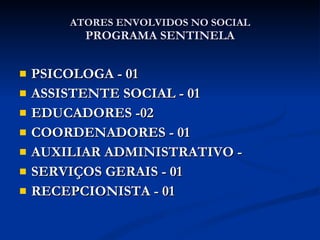ATORES ENVOLVIDOS NO SOCIAL PROGRAMA SENTINELA PSICOLOGA - 01 ASSISTENTE SOCIAL - 01 EDUCADORES -02 COORDENADORES - 01 AUXILIAR ADMINISTRATIVO - SERVIÇOS GERAIS - 01 RECEPCIONISTA - 01 