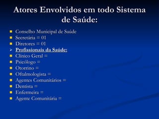 Atores Envolvidos em todo Sistema de Saúde: Conselho Municipal de Saúde Secretária = 01 Diretores = 01 Profissionais da Saúde: Clínico Geral = Psicólogo = Otorrino =  Oftalmologista = Agentes Comunitários = Dentista = Enfermeira = Agente Comunitária = 