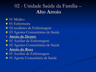02 - Unidade Saúde da Família –  Alto Arroio 01 Médico 01 Enfermeira 02 auxiliares de Enfermagem 03 Agentes Comunitárias de Saúde Arroio de Dentro 01 Auxiliar de Enfermagem 02 Agentes Comunitárias de Saúde Arroio do Rosa 01 Auxiliar de Enfermagem 01 Agente Comunitária de Saúde 