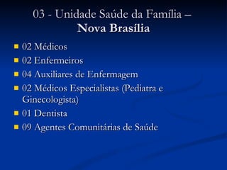 03 - Unidade Saúde da Família –  Nova Brasília 02 Médicos 02 Enfermeiros 04 Auxiliares de Enfermagem 02 Médicos Especialistas (Pediatra e Ginecologista) 01 Dentista 09 Agentes Comunitárias de Saúde 