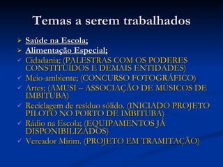 Temas a serem trabalhados Saúde na Escola; Alimentação Especial; Cidadania; (PALESTRAS COM OS PODERES CONSTITUÍDOS E DEMAIS ENTIDADES) Meio-ambiente; (CONCURSO FOTOGRÁFICO) Artes; (AMUSI – ASSOCIAÇÃO DE MÚSICOS DE IMBITUBA) Reciclagem de resíduo sólido. (INICIADO PROJETO PILOTO NO PORTO DE IMBITUBA) Rádio na Escola; (EQUIPAMENTOS JÁ DISPONIBILIZADOS) Vereador Mirim. (PROJETO EM TRAMITAÇÃO) 
