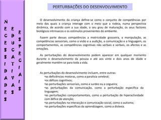 O desenvolvimento da criança define-se como o conjunto de competências por
N           meio das quais a criança interage com o meio que a rodeia, numa perspectiva
E   E
            dinâmica, de acordo com a sua idade, o seu grau de maturação, os seus factores
        E   biológicos intrínsecos e os estímulos provenientes do ambiente.
C   D         Fazem parte dessas competências a motricidade grosseira, a manipulação, as
        S
E   U
            competências sensoriais, como a visão e a audição, a comunicação e a linguagem, os
        P   comportamentos, as competências cognitivas não verbais e verbais, os afectos e as
S   C       emoções.
        E     As perturbações do desenvolvimento podem aparecer em qualquer momento
S   A
        C
            durante o desenvolvimento da pessoa e até aos vinte e dois anos de idade e
I   T
            geralmente mantêm-se para toda a vida.
        I
D   I         As perturbações do desenvolvimento incluem, entre outras:
        A         •as deficiências motoras, como a paralisia cerebral;
A V               •os défices cognitivos;
        I
D   A             •as perturbações sensoriais, como a surdez ou a cegueira;
        S         •as perturbações da comunicação, como a perturbação específica da
E   S             linguagem;
                  •as perturbações comportamentais, como a perturbação de hiperactividade
S                 com défice de atenção;
                  •as perturbações na interacção e comunicação social, como o autismo;
                  •as perturbações específicas da aprendizagem, como a dislexia.
 