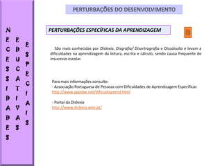 N           PERTURBAÇÕES ESPECÍFICAS DA APRENDIZAGEM
E   E
        E
C   D          São mais conhecidas por Dislexia, Disgrafia/ Disortrografia e Discalculia e levam a
        S   dificuldades na aprendizagem da leitura, escrita e cálculo, sendo causa frequente de
E   U       insucesso escolar.
        P
S   C
        E
S   A
        C
             Para mais informações consulte:
I   T        - Associação Portuguesa de Pessoas com Dificuldades de Aprendizagem Específicas
        I    http://www.appdae.net/dificuldaprend.html
D   I
        A    - Portal da Dislexia
A V          http://www.dislexia.web.pt/
        I
D   A
        S
E   S
S
 