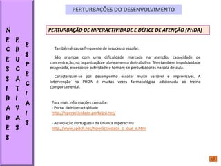 N           PERTURBAÇÃO DE HIPERACTIVIDADE E DÉFICE DE ATENÇÃO (PHDA)
E   E
        E
C   D         Também é causa frequente de insucesso escolar.
        S
E   U
              São crianças com uma dificuldade marcada na atenção, capacidade de
        P   concentração, na organização e planeamento do trabalho. Têm também impulsividade
S   C       exagerada, excesso de actividade e tornam-se perturbadoras na sala de aula.
        E
S   A
               Caracterizam-se por desempenho escolar muito variável e imprevisível. A
        C
            intervenção na PHDA é muitas vezes farmacológica adicionada ao treino
I   T       comportamental.
        I
D   I
        A    Para mais informações consulte:
A V          - Portal da Hiperactividade
        I    http://hiperactividade.portalpsi.net/
D   A
        S    - Associação Portuguesa da Criança Hiperactiva
E   S        http://www.apdch.net/hiperactividade_o_que_e.html

S
 
