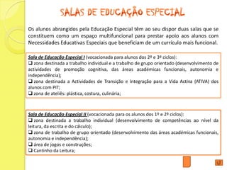 Os alunos abrangidos pela Educação Especial têm ao seu dispor duas salas que se
constituem como um espaço multifuncional para prestar apoio aos alunos com
Necessidades Educativas Especiais que beneficiam de um currículo mais funcional.

Sala de Educação Especial I (vocacionada para alunos dos 2º e 3º ciclos):
 zona destinada a trabalho individual e a trabalho de grupo orientado (desenvolvimento de
actividades de promoção cognitiva, das áreas académicas funcionais, autonomia e
independência);
 zona destinada a Actividades de Transição e Integração para a Vida Activa (ATIVA) dos
alunos com PIT;
 zona de ateliês: plástica, costura, culinária;



Sala de Educação Especial II (vocacionada para os alunos dos 1º e 2º ciclos):
 zona destinada a trabalho individual (desenvolvimento de competências ao nível da
leitura, da escrita e do cálculo);
 zona de trabalho de grupo orientado (desenvolvimento das áreas académicas funcionais,
autonomia e independência);
 área de jogos e construções;
 Cantinho da Leitura;
 