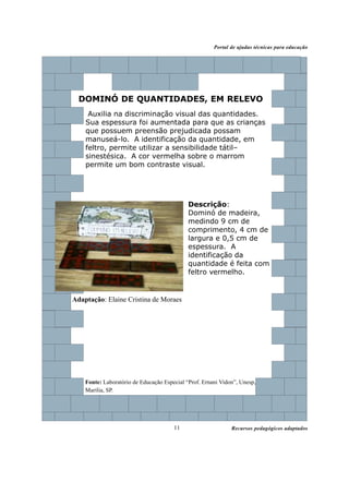 Recursos pedagógicos adaptados
Portal de ajudas técnicas para educação
11
DOMINÓ DE QUANTIDADES, EM RELEVO
Auxilia na discriminação visual das quantidades.
Sua espessura foi aumentada para que as crianças
que possuem preensão prejudicada possam
manuseá-lo. A identificação da quantidade, em
feltro, permite utilizar a sensibilidade tátil–
sinestésica. A cor vermelha sobre o marrom
permite um bom contraste visual.
Descrição:
Dominó de madeira,
medindo 9 cm de
comprimento, 4 cm de
largura e 0,5 cm de
espessura. A
identificação da
quantidade é feita com
feltro vermelho.
Adaptação: Elaine Cristina de Moraes
Fonte: Laboratório de Educação Especial “Prof. Ernani Vidon”, Unesp,
Marília, SP.
 