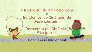 Dificuldades de Aprendizagem
x
Transtornos (ou Distúrbios) de
Aprendizagem
x
Transtornos (ou Distúrbios)
Psiquiátricos
x
Deficiência Intelectual
 