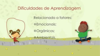 Dificuldades de Aprendizagem
Relacionada a fatores:
Emocionais;
Orgânicos;
Ambientais.
 