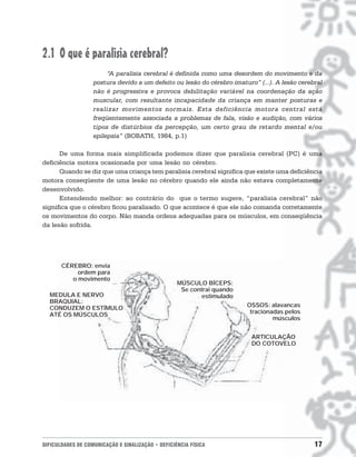 2.1 O que é paralisia cerebral?
                        “A paralisia cerebral é definida como uma desordem do movimento e da
                   postura devido a um defeito ou lesão do cérebro imaturo” (...). A lesão cerebral
                   não é progressiva e provoca debilitação variável na coordenação da ação
                   muscular, com resultante incapacidade da criança em manter posturas e
                   realizar movimentos normais. Esta deficiência motora central está
                   freqüentemente associada a problemas de fala, visão e audição, com vários
                   tipos de distúrbios da percepção, um certo grau de retardo mental e/ou
                   epilepsia” (BOBATH, 1984, p.1)

      De uma forma mais simplificada podemos dizer que paralisia cerebral (PC) é uma
deficiência motora ocasionada por uma lesão no cérebro.
      Quando se diz que uma criança tem paralisia cerebral significa que existe uma deficiência
motora conseqüente de uma lesão no cérebro quando ele ainda não estava completamente
desenvolvido.
      Entendendo melhor: ao contrário do que o termo sugere, “paralisia cerebral” não
significa que o cérebro ficou paralisado. O que acontece é que ele não comanda corretamente
os movimentos do corpo. Não manda ordens adequadas para os músculos, em conseqüência
da lesão sofrida.




       CÉREBRO: envia
            ordem para
          o movimento
                                                   MÚSCULO BÍCEPS:
                                                    Se contrai quando
  MEDULA E NERVO                                           estimulado
  BRAQUIAL:
  CONDUZEM O ESTÍMULO                                                   OSSOS: alavancas
  ATÉ OS MÚSCULOS                                                        tracionadas pelos
                                                                                 músculos


                                                                          ARTICULAÇÃO
                                                                          DO COTOVELO




DIFICULDADES DE COMUNICAÇÃO E SINALIZAÇÃO • DEFICIÊNCIA FÍSICA                                  17
 