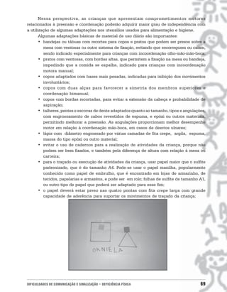 Nessa perspectiva, as crianças que apresentam comprometimentos motores
relacionados à preensão e coordenação poderão adquirir maior grau de independência com
a utilização de algumas adaptações nos utensílios usados para alimentação e higiene.
       Algumas adaptações básicas de material de uso diário são importantes:
       • bandejas ou tábuas com recortes para copos e pratos que podem ser presos sobre a
         mesa com ventosas ou outro sistema de fixação, evitando que escorreguem ou caiam,
         sendo indicado especialmente para crianças com incoordenação olho-mão-mão-boca;
       • pratos com ventosas, com bordas altas, que permitem a fixação na mesa ou bandeja,
         impedindo que a comida se espalhe, indicado para crianças com incoordenação
         motora manual;
       • copos adaptados com bases mais pesadas, indicadas para inibição dos movimentos
         involuntários;
       • copos com duas alças para favorecer a simetria dos membros superiores e
         coordenação bimanual;
       • copos com bordas recortadas, para evitar a extensão da cabeça e probabilidade de
         aspiração;
       • talheres, pentes e escovas de dente adaptados quanto ao tamanho, tipos e angulações,
         com engrossamento de cabos revestidos de espuma, e epóxi ou outros materiais,
         permitindo melhorar a preensão. As angulações proporcionam melhor desempenho
         motor em relação à coordenação mão-boca, em casos de desvios ulnares;
       • lápis com diâmetro engrossado por várias camadas de fita crepe, argila, espuma,
         massa do tipo epóxi ou outro material;
       • evitar o uso de cadernos para a realização de atividades da criança, porque não
         podem ser bem fixados, e também pela diferença de altura com relação à mesa ou
         carteira;
       • para o traçado ou execução de atividades da criança, usar papel maior que o sulfite
         padronizado, que é do tamanho A4. Pode-se usar o papel manilha, popularmente
         conhecido como papel de embrulho, que é encontrado em lojas de armarinho, de
         tecidos, papelarias e armazéns, e pode ser em rolo; folhas de sulfite de tamanho A1,
         ou outro tipo de papel que poderá ser adaptado para esse fim;
       • o papel deverá estar preso nas quatro pontas com fita crepe larga com grande
         capacidade de aderência para suportar os movimentos de traçado da criança;




DIFICULDADES DE COMUNICAÇÃO E SINALIZAÇÃO • DEFICIÊNCIA FÍSICA                            69
 