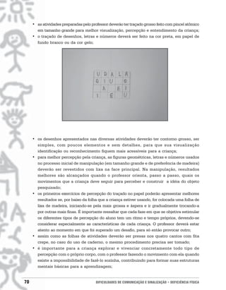 • as atividades preparadas pelo professor deverão ter traçado grosso feito com pincel atômico
       em tamanho grande para melhor visualização, percepção e entendimento da criança;
     • o traçado de desenhos, letras e números deverá ser feito na cor preta, em papel de
       fundo branco ou da cor gelo;




     • os desenhos apresentados nas diversas atividades deverão ter contorno grosso, ser
       simples, com poucos elementos e sem detalhes, para que sua visualização
       identificação ou reconhecimento fiquem mais acessíveis para a criança;
     • para melhor percepção pela criança, as figuras geométricas, letras e números usados
       no processo inicial de manipulação (em tamanho grande e de preferência de madeira)
       deverão ser revestidos com lixa na face principal. Na manipulação, resultados
       melhores são alcançados quando o professor orienta, passo a passo, quais os
       movimentos que a criança deve seguir para perceber e construir a idéia do objeto
       pesquisado;
     • os primeiros exercícios de percepção do traçado no papel poderão apresentar melhores
       resultados se, por baixo da folha que a criança estiver usando, for colocada uma folha de
       lixa de madeira, iniciando-se pela mais grossa e áspera e ir gradualmente trocando-a
       por outras mais finas. É importante ressaltar que cada fase em que se objetiva estimular
       os diferentes tipos de percepção do aluno tem um ritmo e tempo próprios, devendo-se
       considerar especialmente as características de cada criança. O professor deverá estar
       atento ao momento em que foi superado um desafio, para só então provocar outro;
     • assim como as folhas de atividades deverão ser presas nos quatro cantos com fita
       crepe, no caso do uso de caderno, o mesmo procedimento precisa ser tomado;
     • é importante para a criança explorar e vivenciar concretamente todo tipo de
       percepção com o próprio corpo, com o professor fazendo o movimento com ela quando
       existe a impossibilidade de fazê-lo sozinha, contribuindo para formar suas estruturas
       mentais básicas para a aprendizagem;


70                                      DIFICULDADES DE COMUNICAÇÃO E SINALIZAÇÃO • DEFICIÊNCIA FÍSICA
 