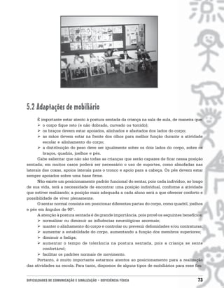 5.2 Adaptações de mobiliário
      É importante estar atento à postura sentada da criança na sala de aula, de maneira que:
      ! o corpo fique reto (e não dobrado, curvado ou torcido);
      ! os braços devem estar apoiados, alinhados e afastados dos lados do corpo;
      ! as mãos devem estar na frente dos olhos para melhor função durante a atividade
         escolar e alinhamento do corpo;
      ! a distribuição do peso deve ser igualmente sobre os dois lados do corpo, sobre os
         braços, quadris, joelhos e pés.
      Cabe salientar que não são todas as crianças que serão capazes de ficar nessa posição
sentada; em muitos casos poderá ser necessário o uso de suportes, como almofadas nas
laterais das coxas, apoios laterais para o tronco e apoio para a cabeça. Os pés devem estar
sempre apoiados sobre uma base firme.
      Não existe um posicionamento padrão funcional do sentar, pois cada indivíduo, ao longo
de sua vida, terá a necessidade de encontrar uma posição individual, conforme a atividade
que estiver realizando; a posição mais adequada a cada aluno será a que oferecer conforto e
possibilidade de viver plenamente.
      O sentar normal consiste em posicionar diferentes partes do corpo, como quadril, joelhos
e pés em ângulos de 90º.
      A atenção à postura sentada é de grande importância, pois provê os seguintes benefícios:
      ! normalizar ou diminuir as influências neurológicas anormais;
      ! manter o alinhamento do corpo e controlar ou prevenir defomidades e/ou contraturas;
      ! aumentar a estabilidade do corpo, aumentando a função dos membros superiores;
      ! diminuir a fadiga;
      ! aumentar o tempo de tolerância na postura sentada, pois a criança se sente
         confortável;
      ! facilitar os padrões normais de movimento.
      Portanto, é muito importante estarmos atentos ao posicionamento para a realização
das atividades na escola. Para tanto, dispomos de alguns tipos de mobiliários para esse fim:


DIFICULDADES DE COMUNICAÇÃO E SINALIZAÇÃO • DEFICIÊNCIA FÍSICA                             73
 