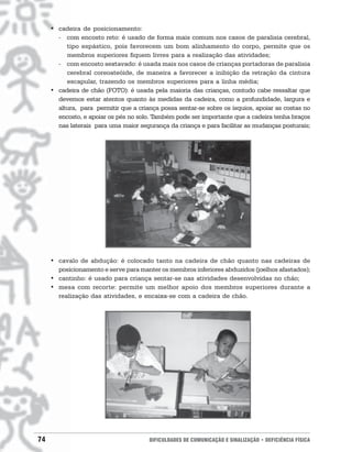 • cadeira de posicionamento:
       - com encosto reto: é usado de forma mais comum nos casos de paralisia cerebral,
          tipo espástico, pois favorecem um bom alinhamento do corpo, permite que os
          membros superiores fiquem livres para a realização das atividades;
       - com encosto sextavado: é usada mais nos casos de crianças portadoras de paralisia
          cerebral coreoateóide, de maneira a favorecer a inibição da retração da cintura
          escapular, trazendo os membros superiores para a linha média;
     • cadeira de chão (FOTO): é usada pela maioria das crianças, contudo cabe ressaltar que
       devemos estar atentos quanto às medidas da cadeira, como a profundidade, largura e
       altura, para permitir que a criança possa sentar-se sobre os ísquios, apoiar as costas no
       encosto, e apoiar os pés no solo. Também pode ser importante que a cadeira tenha braços
       nas laterais para uma maior segurança da criança e para facilitar as mudanças posturais;




     • cavalo de abdução: é colocado tanto na cadeira de chão quanto nas cadeiras de
       posicionamento e serve para manter os membros inferiores abduzidos (joelhos afastados);
     • cantinho: é usado para criança sentar-se nas atividades desenvolvidas no chão;
     • mesa com recorte: permite um melhor apoio dos membros superiores durante a
       realização das atividades, e encaixa-se com a cadeira de chão.




74                                     DIFICULDADES DE COMUNICAÇÃO E SINALIZAÇÃO • DEFICIÊNCIA FÍSICA
 