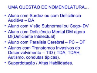UMA QUESTÃO DE NOMENCLATURA...
• Aluno com Surdez ou com Deficiência
  Auditiva – DA
• Aluno com Visão Subnormal ou Cego- DV
• Aluno com Deficiência Mental DM agora
  DI(Deficiente Intelectual)
• Aluno com Paralisia Cerebral – PC – DF
• Alunos com Transtornos Invasivos do
  Desenvolvimento – TID ( TDA, TDAH,
  Autismo, condutas típicas).
• Superdotação / Altas Habilidades.
 