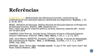 ANGELUCCI, C. B. Medicalização das diferenças funcionais: continuísmos nas
justificativas de uma educação especial subordinada aos diagnósticos. Nuances, v. 25,
p. 20-38, 2014.
BRASIL. Ministério da Educação. Política Nacional de Educação Especial na Perspectiva
da Educação Inclusiva. Brasília, 2008. Disponível em:<
http://peei.mec.gov.br/arquivos/politica_nacional_educacao_especial.pdf>. Acesso
em: 04 abril 2018.
CAMARGO, Elder Pires de. Inclusão Social, Educação inclusiva e Educação Especial:
enlaces e desenlaces. Editorial. Ciênc. Educ. Bauru, v. 23, n. 1, p.1-6, 2017.
LIMA, Sonia Ribeiro; ROSSETTO, Elisabeth; CASTRO, Solange. O estudo da defectologia
sob a perspectiva de Vigotski. Braz. J. of Develop., Curitiba, v. 6, n. 5, p. 25977-
25992, may. 2020.
MANTOAN, Maria Teresa Eglér. Inclusão escolar- O que é? Por quê? Como fazer? São
Paulo: Editora Moderna, 2003.
 