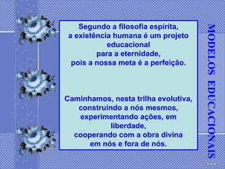 Segundo a filosofia espírita,




                                      MODELOS EDUCACIONAIS
 a existência humana é um projeto
            educacional
         para a eternidade,
  pois a nossa meta é a perfeição.



Caminhamos, nesta trilha evolutiva,
   construindo a nós mesmos,
   experimentando ações, em
            liberdade,
  cooperando com a obra divina
      em nós e fora de nós.
 