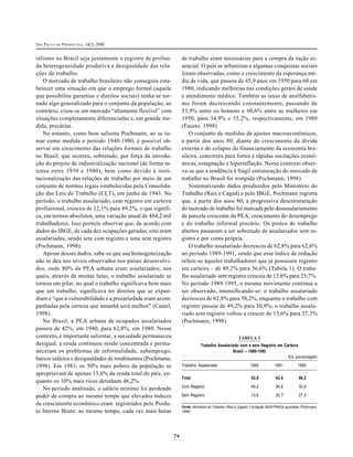SÃO PAULO EM PERSPECTIVA, 14(2) 2000
74
talismo no Brasil seja justamente o registro de profun-
da heterogeneidade produtiva e desigualdade das rela-
ções de trabalho.
O mercado de trabalho brasileiro não conseguiu esta-
belecer uma situação em que o emprego formal (aquele
que possibilita garantias e direitos sociais) tenha se tor-
nado algo generalizado para o conjunto da população; ao
contrário, criou-se um mercado “altamente flexível” com
situações completamente diferenciadas e, em grande me-
dida, precárias.
No entanto, como bem salienta Pochmann, ao se to-
mar como medida o período 1940-1980, é possível ob-
servar um crescimento das relações formais de trabalho
no Brasil, que ocorreu, sobretudo, por força da introdu-
ção do projeto de industrialização nacional (de forma in-
tensa entre 1950 e 1980), bem como devido à insti-
tucionalização das relações de trabalho por meio de um
conjunto de normas legais estabelecidas pela Consolida-
ção das Leis do Trabalho (CLT), em junho de 1943. No
período, o trabalho assalariado, com registro em carteira
profissional, cresceu de 12,1% para 49,2%, o que signifi-
ca, em termos absolutos, uma variação anual de 484,2 mil
trabalhadores. Isso permite observar que, de acordo com
dados do IBGE, de cada dez ocupações geradas, oito eram
assalariadas, sendo sete com registro e uma sem registro
(Pochmann, 1998).
Apesar desses dados, sabe-se que sua homogeneização
não se deu nos níveis observados nos países desenvolvi-
dos, onde 80% da PEA urbana eram assalariados; nos
quais, através de muitas lutas, o trabalho assalariado se
tornou um pilar, no qual o trabalho significava bem mais
que um trabalho, significava ter direitos que se expan-
diam e “que a vulnerabilidade e a precariedade eram acom-
panhadas pela certeza que amanhã será melhor” (Castel,
1998).
No Brasil, a PEA urbana de ocupados assalariados
passou de 42%, em 1940, para 62,8%, em 1980. Nesse
contexto, é importante salientar, a sociedade permaneceu
desigual, a renda continuou sendo concentrada e perma-
neceram os problemas de informalidade, subemprego,
baixos salários e desigualdades de rendimentos (Pochmann,
1998). Em 1983, os 50% mais pobres da população se
apropriavam de apenas 13,6% da renda total do país, en-
quanto os 10% mais ricos detinham 46,2%.
No período analisado, o salário mínimo foi perdendo
poder de compra ao mesmo tempo que elevados índices
de crescimento econômico eram registrados pelo Produ-
to Interno Bruto; ao mesmo tempo, cada vez mais horas
de trabalho eram necessárias para a compra da ração es-
sencial. O país se urbanizou e algumas conquistas sociais
foram observadas, como o crescimento da esperança mé-
dia de vida, que passou de 45,9 anos em 1950 para 60 em
1980, indicando melhorias nas condições gerais de saúde
e atendimento médico. Também as taxas de analfabetis-
mo foram decrescendo constantemente, passando de
53,9% entre os homens e 60,6% entre as mulheres em
1950, para 34,9% e 35,2%, respectivamente, em 1980
(Fausto, 1998).
O conjunto de medidas de ajustes macroeconômicos,
a partir dos anos 80, diante do crescimento da dívida
externa e do colapso do financiamento da economia bra-
sileira, concorreu para fortes e rápidas oscilações econô-
micas, estagnação e hiperinflação. Nesse contexto obser-
va-se que a tendência à frágil estruturação do mercado de
trabalho no Brasil foi rompida (Pochmann, 1998).
Sistematizando dados produzidos pelo Ministério do
Trabalho (Rais e Caged) e pelo IBGE, Pochmann registra
que, a partir dos anos 80, a progressiva desestruturação
do mercado de trabalho foi marcada pelo desassalariamento
de parcela crescente da PEA, crescimento do desemprego
e do trabalho informal precário. Os postos de trabalho
abertos passaram a ser sobretudo de assalariados sem re-
gistro e por conta própria.
O trabalho assalariado decresceu de 62,8% para 62,6%
no período 1989-1991, sendo que esse índice de redução
refere-se àqueles trabalhadores que já possuíam registro
em carteira – de 49,2% para 36,6% (Tabela 1). O traba-
lho assalariado sem registro cresceu de 13,6% para 25,7%.
No período 1989-1995, o mesmo movimento continua a
ser observado, intensificando-se: o trabalho assalariado
decresceu de 62,8% para 58,2%, enquanto o trabalho com
registro passou de 49,2% para 30,9%; o trabalho assala-
riado sem registro voltou a crescer de 13,6% para 27,3%
(Pochmann, 1998).
TABELA 1
Trabalho Assalariado com e sem Registro em Carteira
Brasil – 1989-1995
Em porcentagem
Trabalho Assalariado 1989 1991 1995
Total 62,8 62,6 58,2
Com Registro 49,2 36,6 30,9
Sem Registro 13,6 25,7 27,3
Fonte: Ministério do Trabalho (Rais e Caged); Fundação IBGE/PNADs ajustadas (Pochmann,
1998).
 