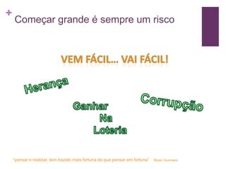 +

Começar grande é sempre um risco

“pensar e realizar, tem trazido mais fortuna do que pensar em fortuna”

Nizan Guanaes

 