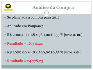 Análise da Compra
 Se planejada a compra para 2017.
 Aplicado em Poupança:
 R$ 2000,00 + 48 x 360,00 (0,55 % juro/ a. m.)
 Resultado = 16.934,24
 R$ 2000,00 + 48 x 500,00 (0,55 % juro/ a.m.)
 Resultado = 24.778,23
 