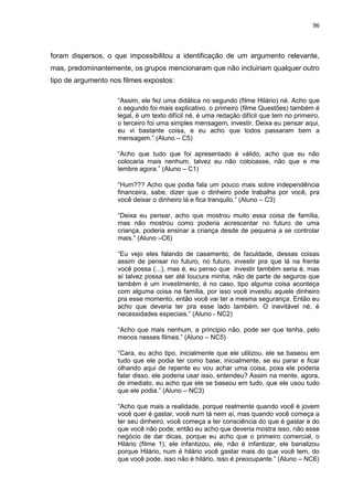 96
foram dispersos, o que impossibilitou a identificação de um argumento relevante,
mas, predominantemente, os grupos mencionaram que não incluiriam qualquer outro
tipo de argumento nos filmes expostos:
“Assim, ele fez uma didática no segundo (filme Hilário) né. Acho que
o segundo foi mais explicativo, o primeiro (filme Questões) também é
legal, é um texto difícil né, é uma redação difícil que tem no primeiro,
o terceiro foi uma simples mensagem, investir. Deixa eu pensar aqui,
eu vi bastante coisa, e eu acho que todos passaram bem a
mensagem.” (Aluno – C5)
“Acho que tudo que foi apresentado é válido, acho que eu não
colocaria mais nenhum, talvez eu não colocasse, não que e me
lembre agora.” (Aluno – C1)
“Hum??? Acho que podia fala um pouco mais sobre independência
financeira, sabe, dizer que o dinheiro pode trabalha por você, pra
você deixar o dinheiro lá e fica tranquilo.” (Aluno – C3)
“Deixa eu pensar, acho que mostrou muito essa coisa de família,
mas não mostrou como poderia acrescentar no futuro de uma
criança, poderia ensinar a criança desde de pequena a se controlar
mais.” (Aluno –C6)
“Eu vejo eles falando de casamento, de faculdade, dessas coisas
assim de pensar no futuro, no futuro, investir pra que lá na frente
você possa (...), mas é, eu penso que investir também seria é, mas
aí talvez possa ser até loucura minha, não de parte de seguros que
também é um investimento, é no caso, tipo alguma coisa aconteça
com alguma coisa na família, por isso você investiu aquele dinheiro
pra esse momento, então você vai ter a mesma segurança. Então eu
acho que deveria ter pra esse lado também. O inevitável né, é
necessidades especiais.” (Aluno - NC2)
“Acho que mais nenhum, a principio não, pode ser que tenha, pelo
menos nesses filmes.” (Aluno – NC5)
“Cara, eu acho tipo, inicialmente que ele utilizou, ele se baseou em
tudo que ele podia ter como base, inicialmente, se eu parar e ficar
olhando aqui de repente eu vou achar uma coisa, poxa ele poderia
falar disso, ele poderia usar isso, entendeu? Assim na mente, agora,
de imediato, eu acho que ele se baseou em tudo, que ele usou tudo
que ele podia.” (Aluno – NC3)
“Acho que mais a realidade, porque realmente quando você é jovem
você quer é gastar, você num tá nem aí, mas quando você começa a
ter seu dinheiro, você começa a ter consciência do que é gastar e do
que você não pode, então eu acho que deveria mostra isso, não esse
negócio de dar dicas, porque eu acho que o primeiro comercial, o
Hilário (filme 1), ele infantizou, ele, não é infantizar, ele banalizou
porque Hilário, num é hilário você gastar mais do que você tem, do
que você pode, isso não é hilário, isso é preocupante.” (Aluno – NC6)
 