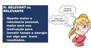 R: RELEVANT ou
RELEVANTE
- Quanto maior a
relevância pessoal,
maior será sua
motivação para
- investir tempo e energia
em algo que trará
resultados.
 